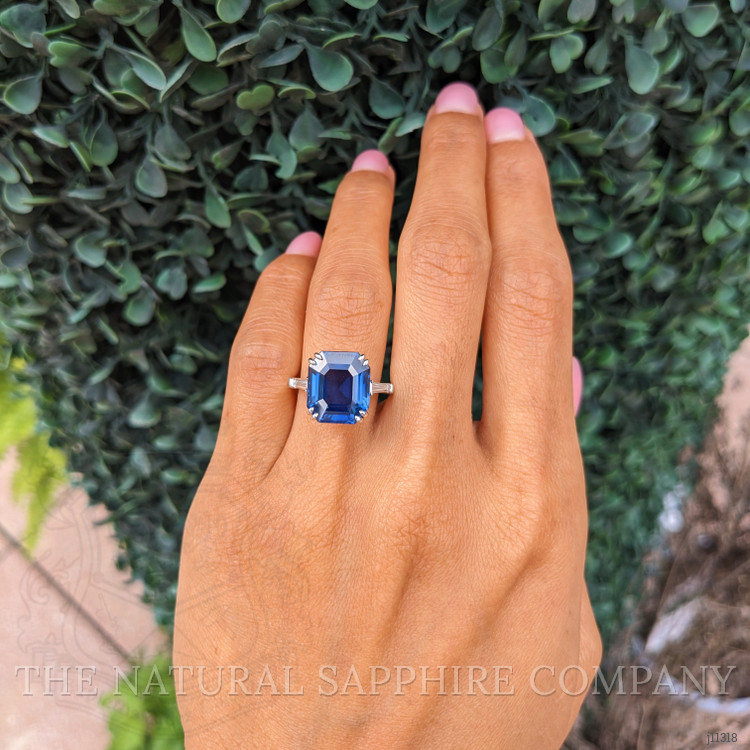 8.12 Ct. Blue Sapphire and Natural Diamond Three Stone Ring, 14K White Gold