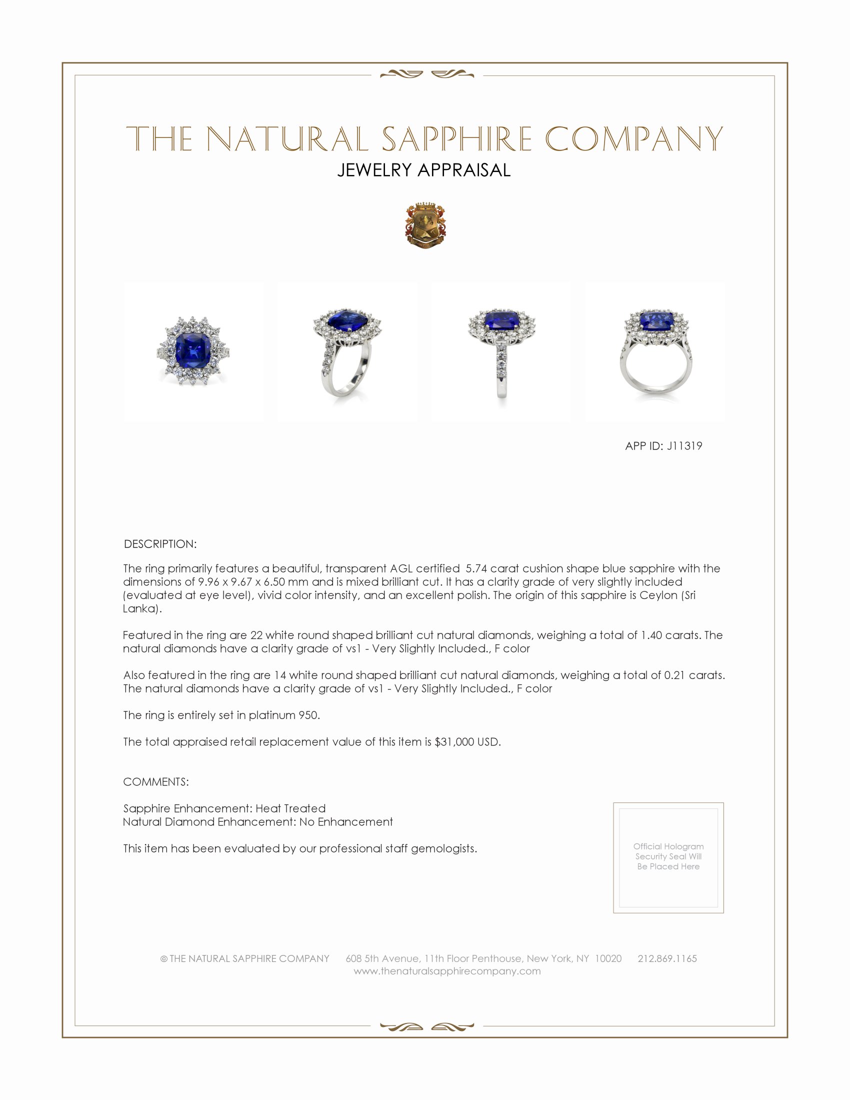 5.74 Ct. Blue Sapphire and Natural Diamond Pave Ring, Platinum 950