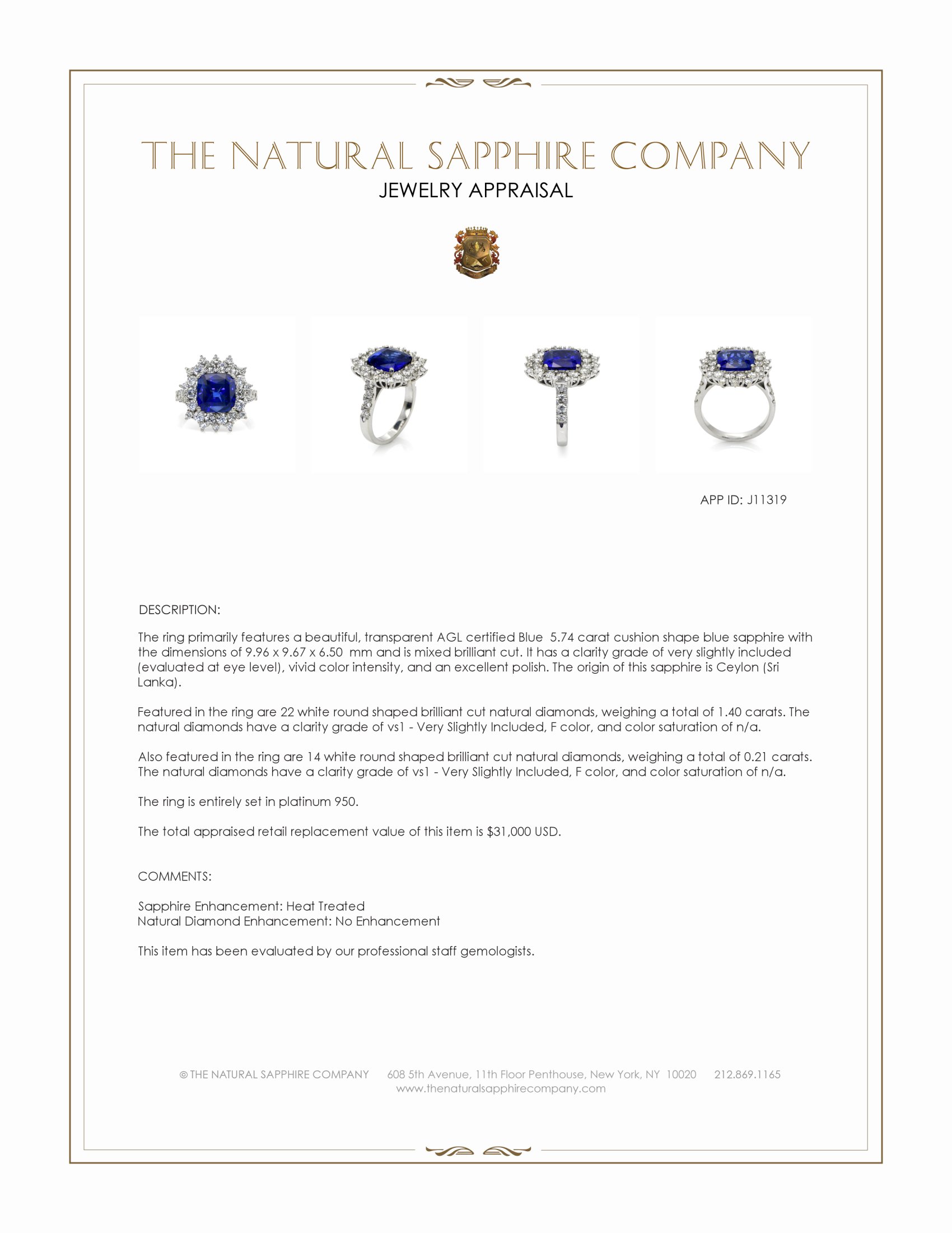 5.74 Ct. Blue Sapphire and Natural Diamond Pave Ring, Platinum 950