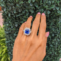 5.74 Ct. Blue Sapphire and Natural Diamond Pave Ring, Platinum 950 Life Style