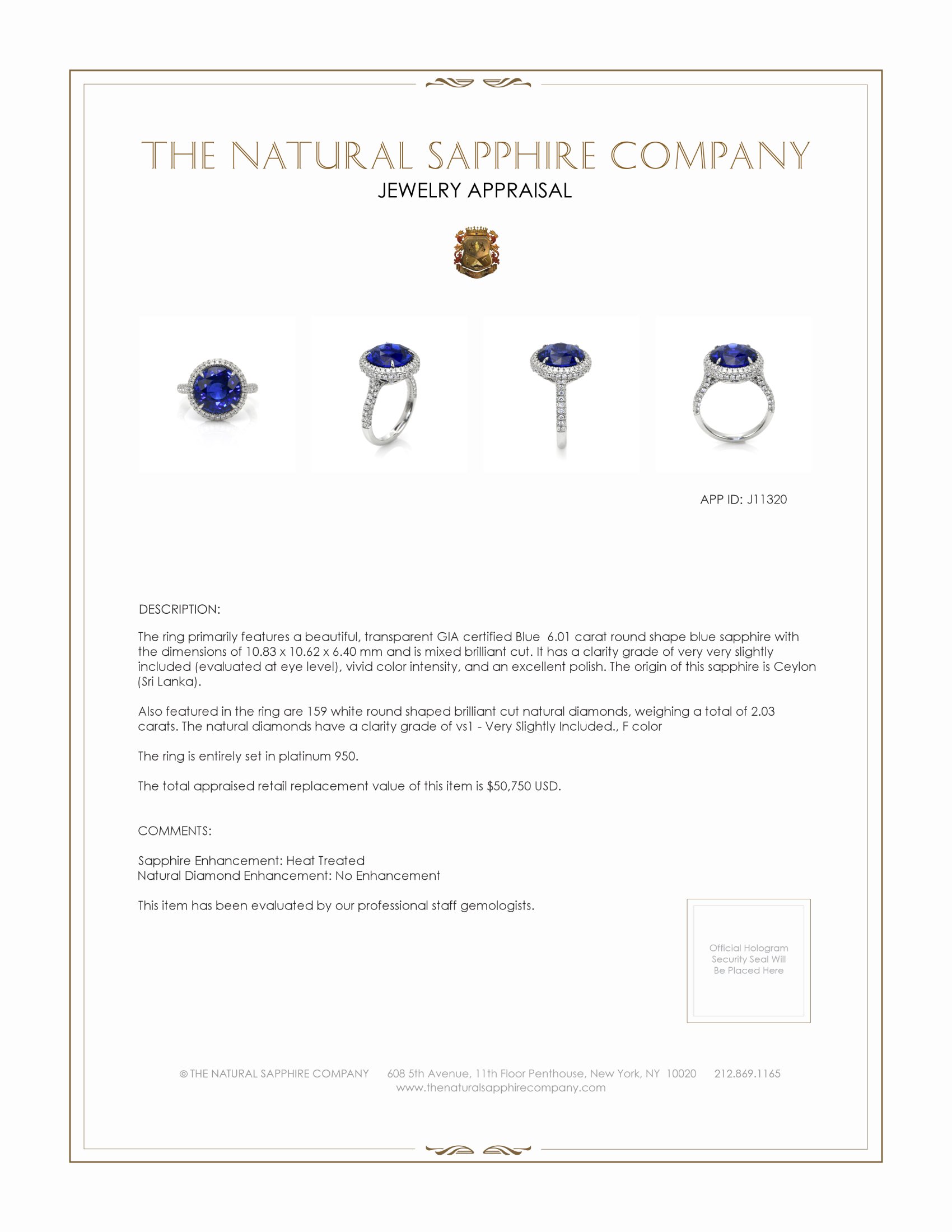 6.01 Ct. Blue Sapphire and Natural Diamond Pave Ring, Platinum 950