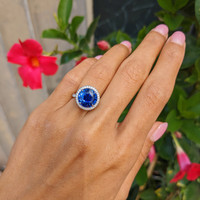 6.01 Ct. Blue Sapphire and Natural Diamond Pave Ring, Platinum 950 Life Style