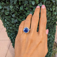 6.01 Ct. Blue Sapphire and Natural Diamond Pave Ring, Platinum 950 Life Style