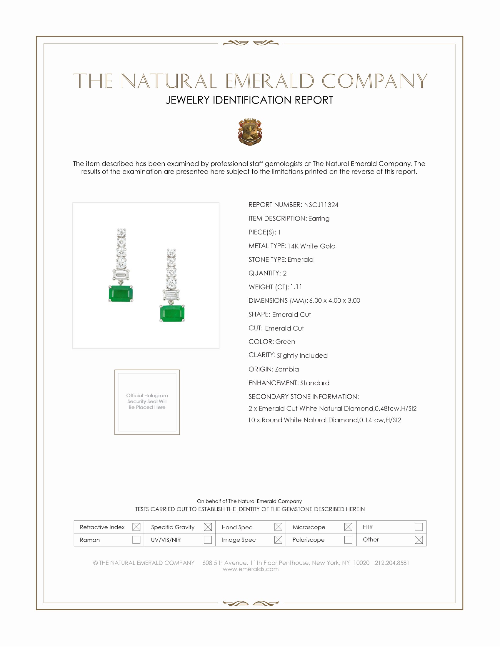 1.11 Ct.Tw. Emerald Natural Diamond Pave Earrings, 14K White Gold