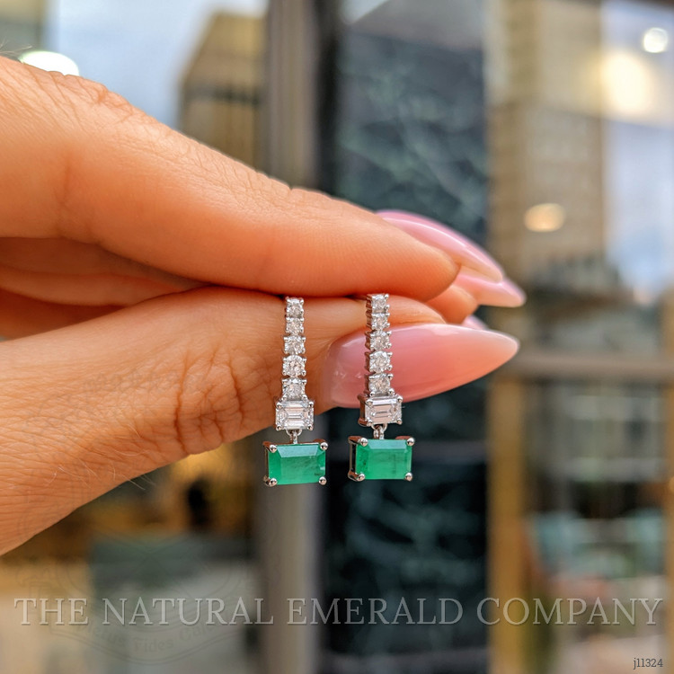 1.11 Ct.Tw. Emerald Natural Diamond Pave Earrings, 14K White Gold