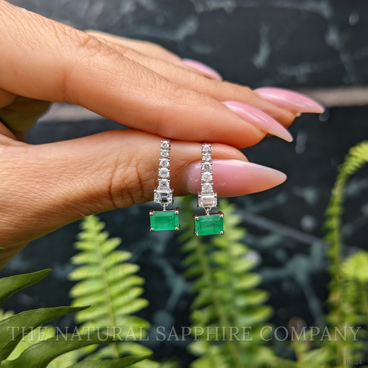 1.11 Ct.Tw. Emerald Natural Diamond Pave Earrings, 14K White Gold