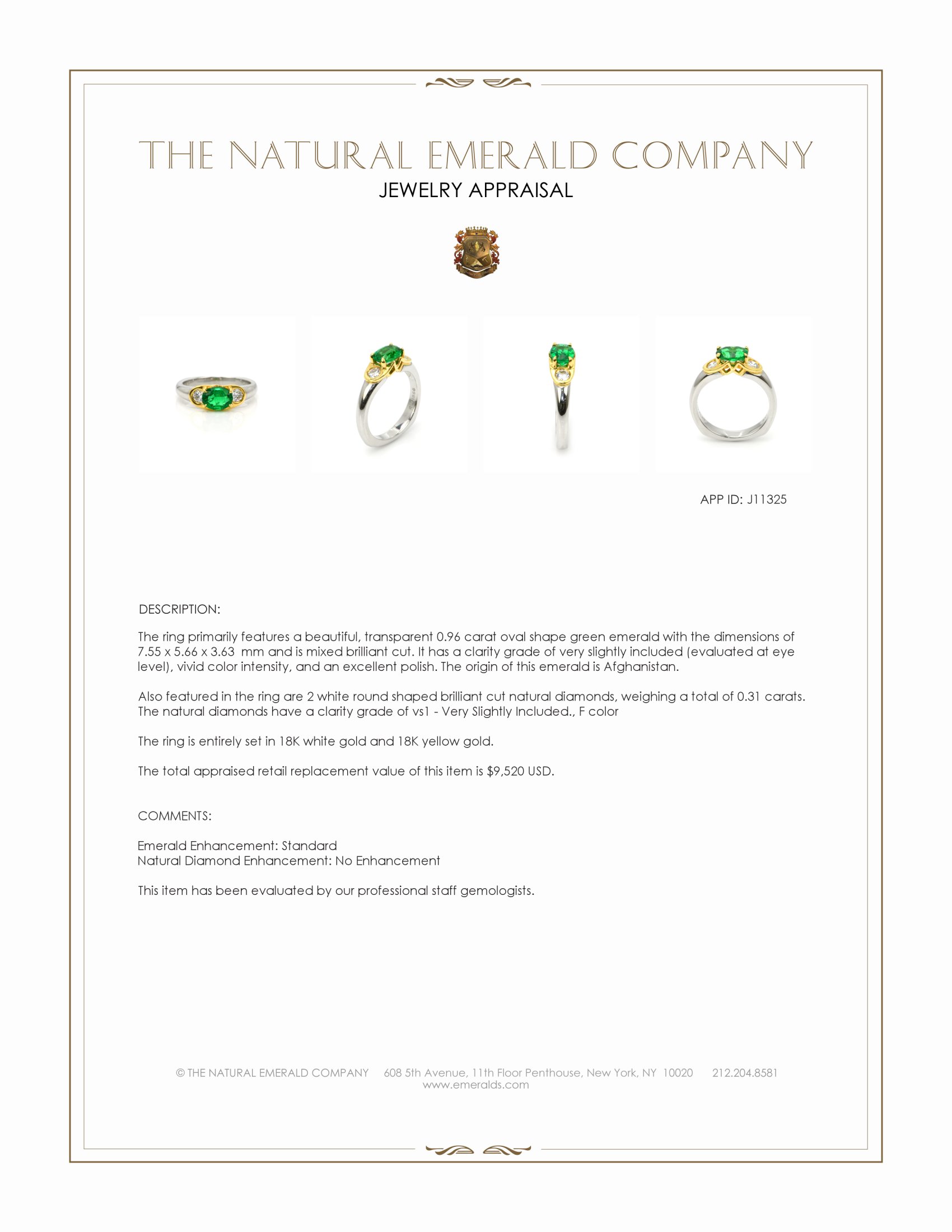 0.96 Ct. Emerald and Natural Diamond Three Stone Ring, 18K White & Yellow