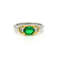 0.96 Ct. Emerald Natural Diamond Three Stone Ring, 18K White & Yellow Video