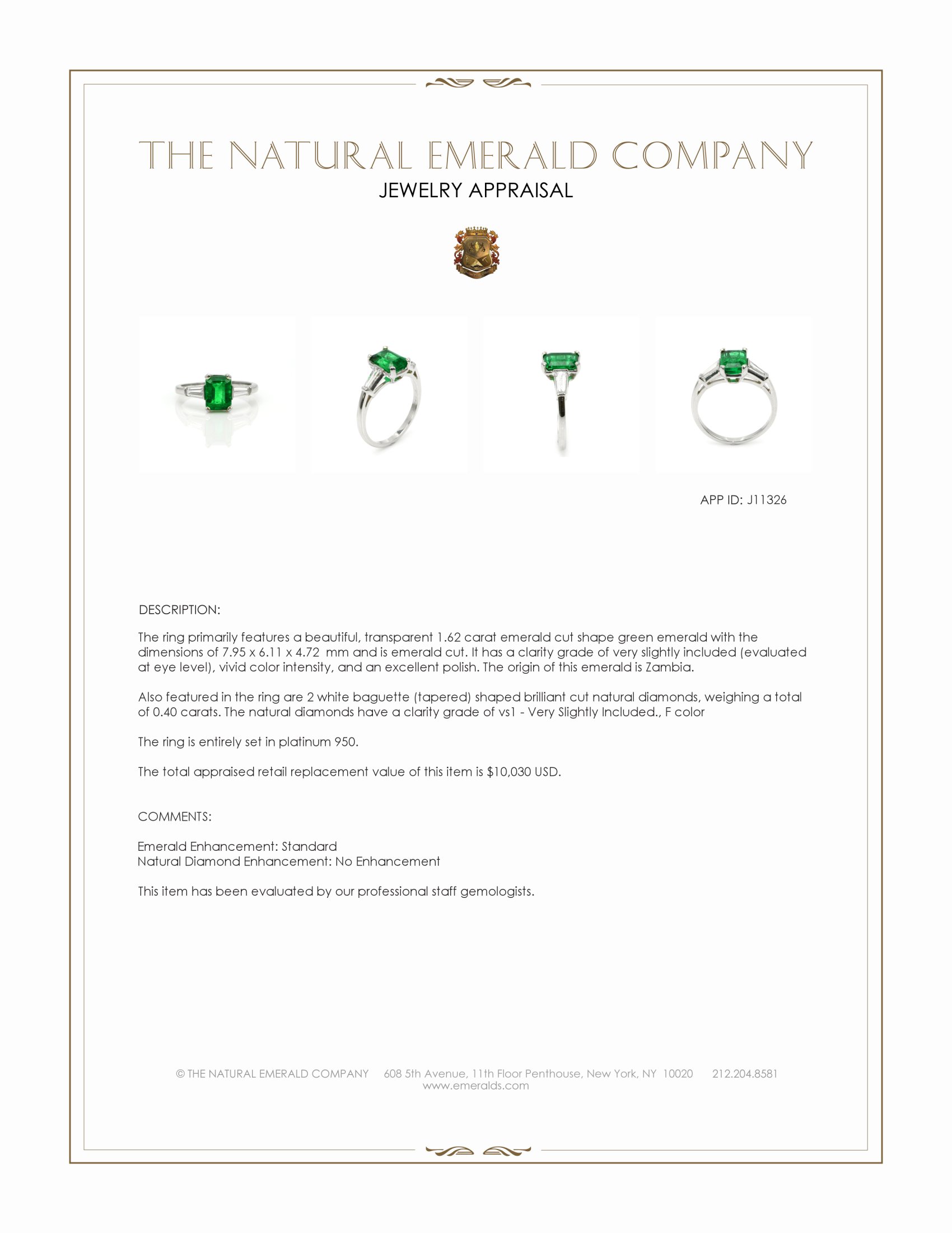 1.62 Ct. Emerald and Natural Diamond Three Stone Ring, Platinum 950
