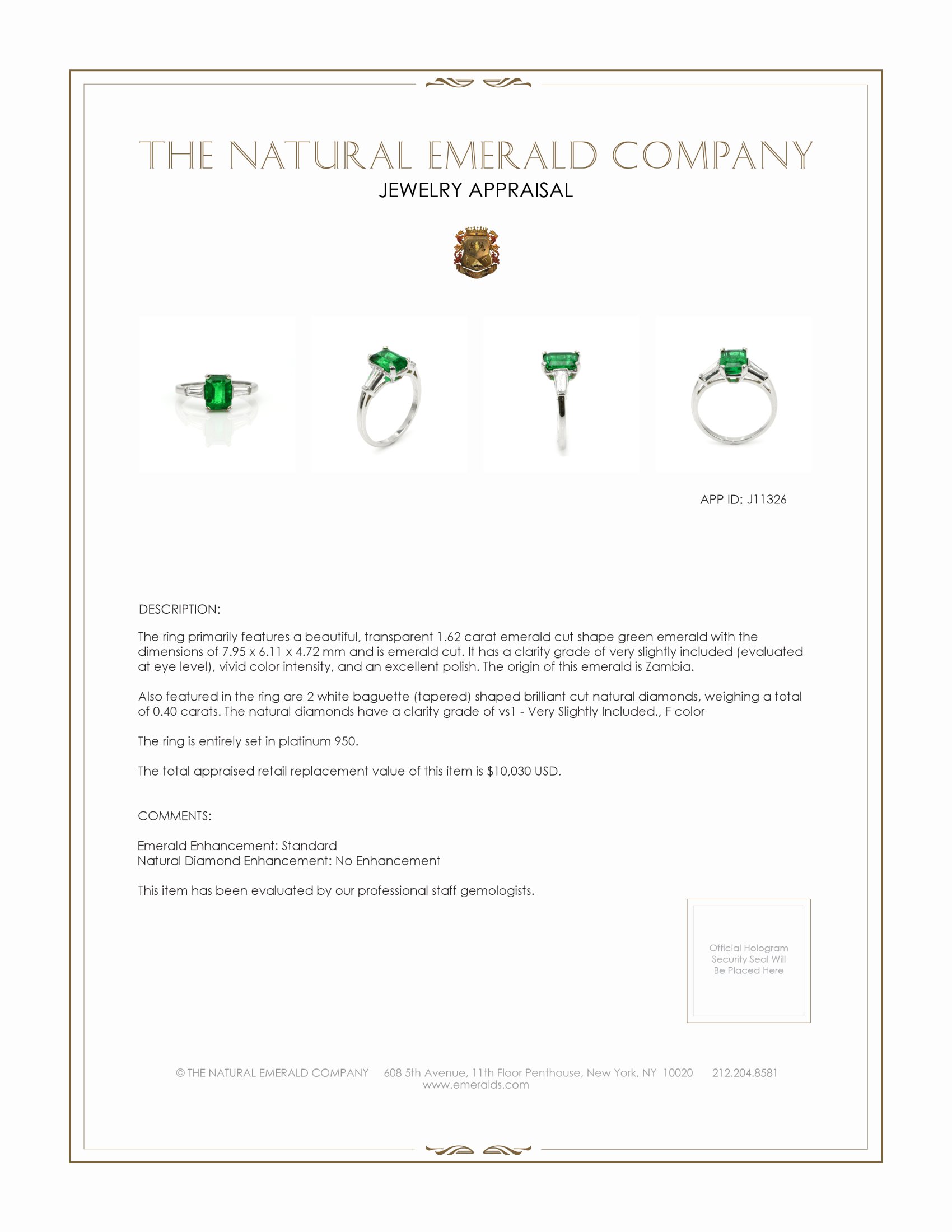 1.62 Ct. Emerald Natural Diamond Three Stone Ring, Platinum 950