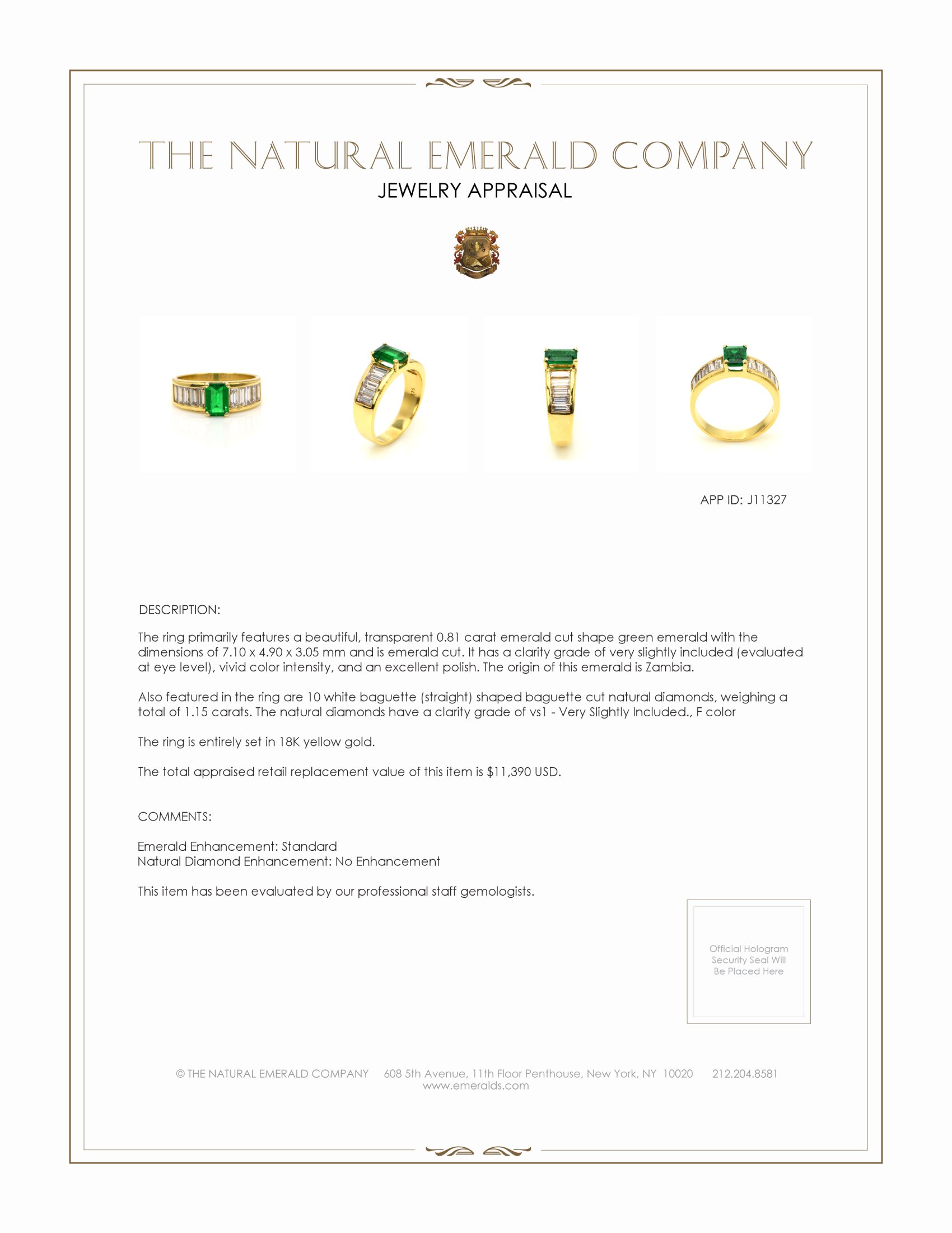 0.81 Ct. Emerald and Natural Diamond Accent Stones Ring, 18K Yellow Gold