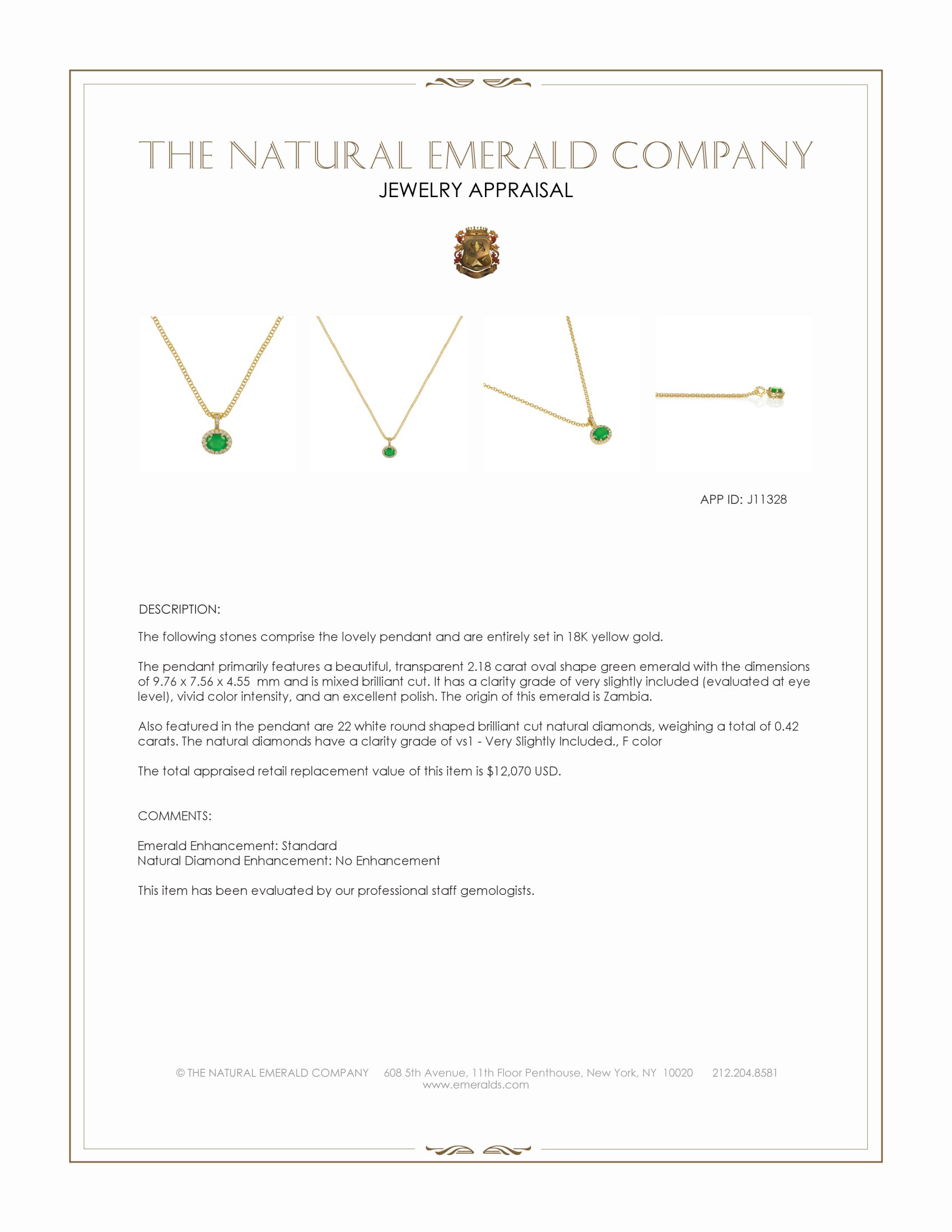 2.18 Ct. Emerald and Natural Diamond Pave Pendant, 18K Yellow Gold