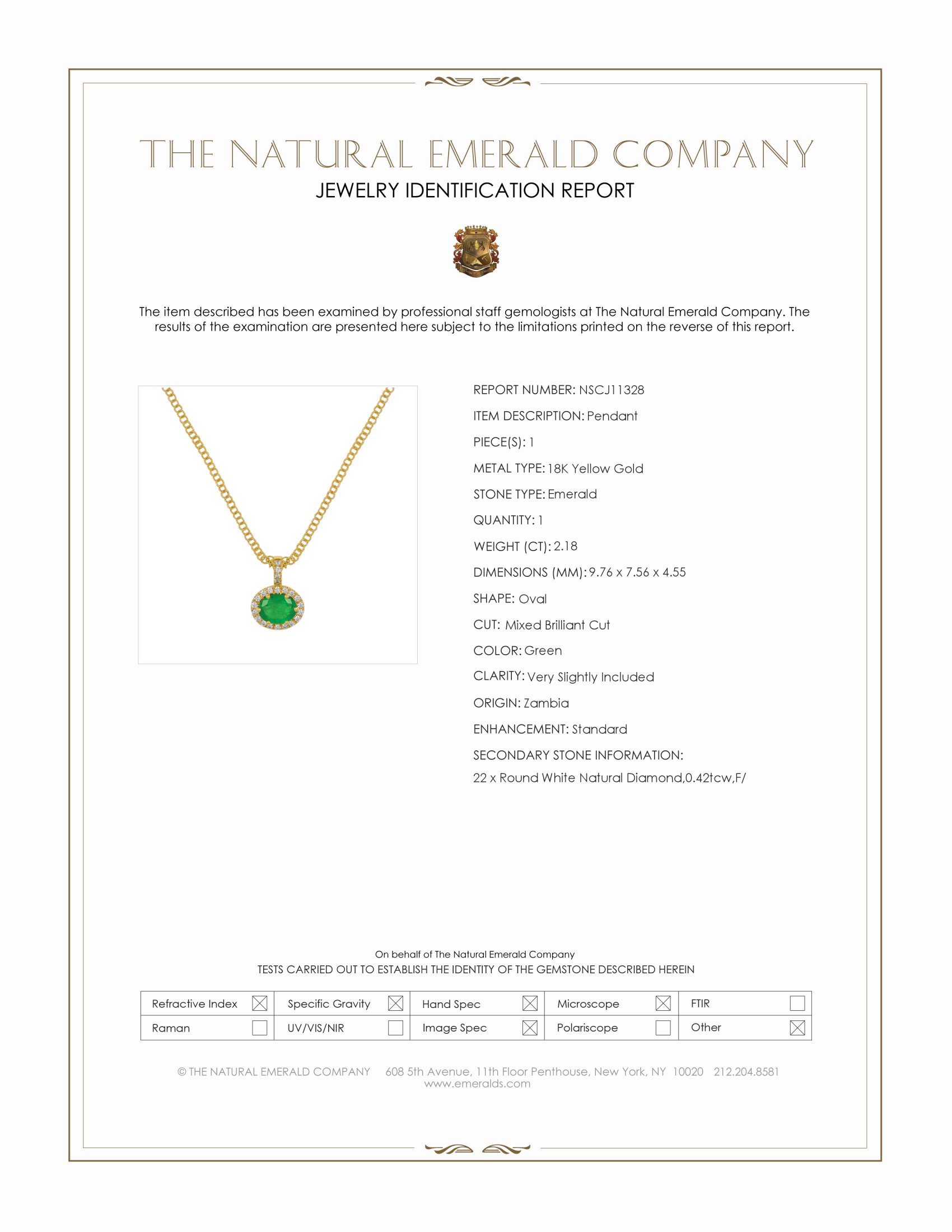 2.18 Ct. Emerald and Natural Diamond Pave Pendant, 18K Yellow Gold