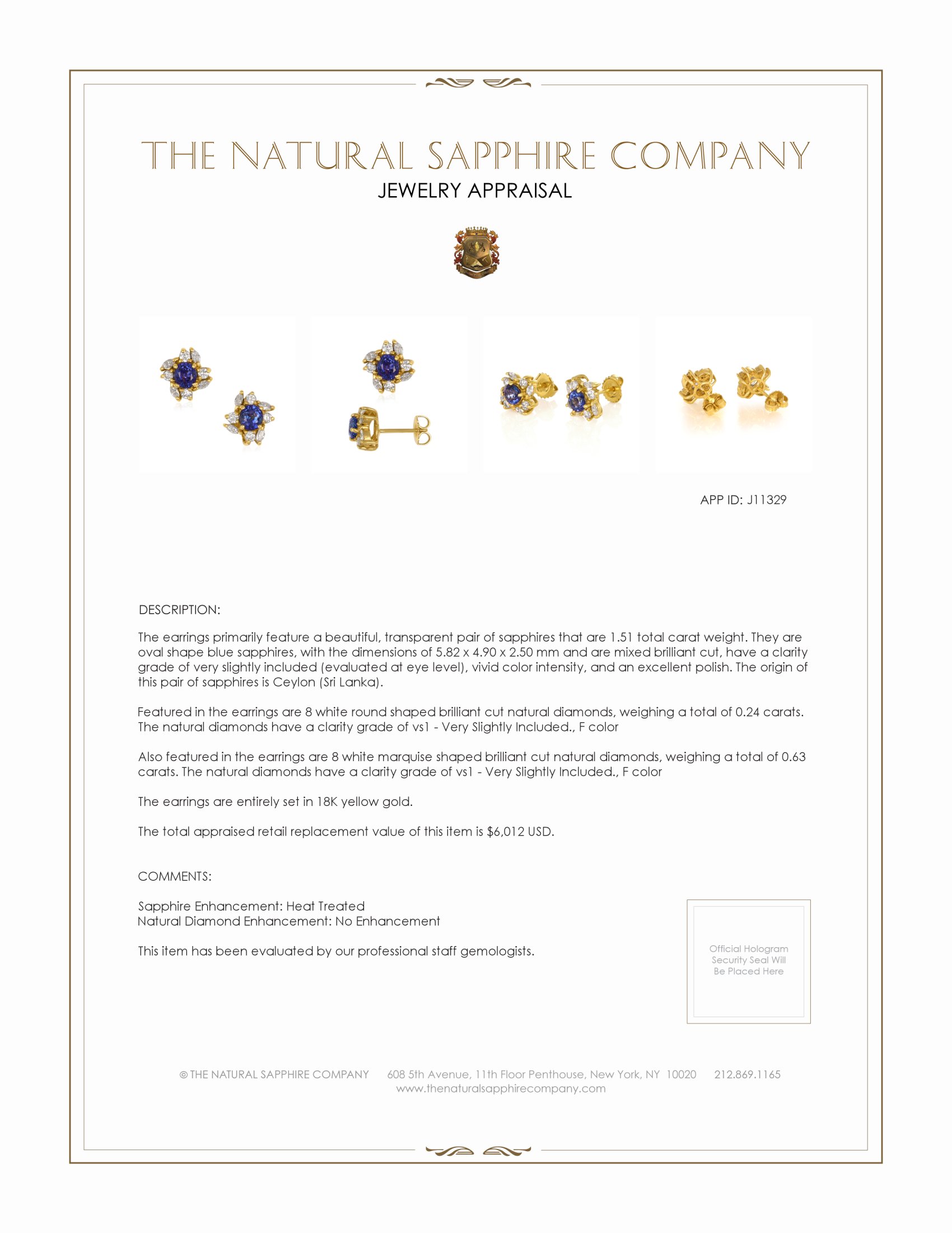 1.51 Ct.Tw. Blue Sapphire and Natural Diamond Studs Earrings, 18K Yellow Gold