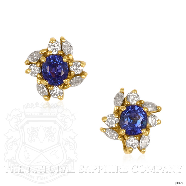 1.51 Ct.Tw. Blue Sapphire and Natural Diamond Studs Earrings, 18K Yellow Gold