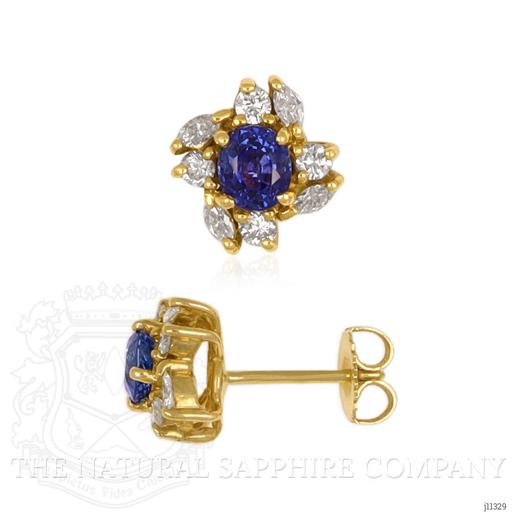 1.51 Ct.Tw. Blue Sapphire and Natural Diamond Studs Earrings, 18K Yellow Gold