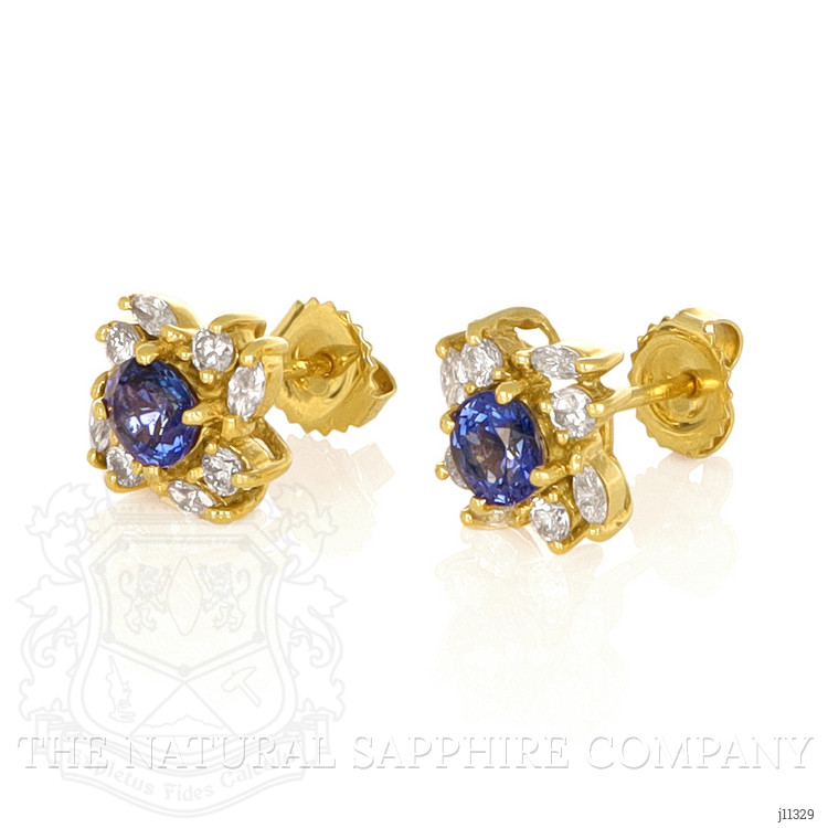 1.51 Ct.Tw. Blue Sapphire and Natural Diamond Studs Earrings, 18K Yellow Gold