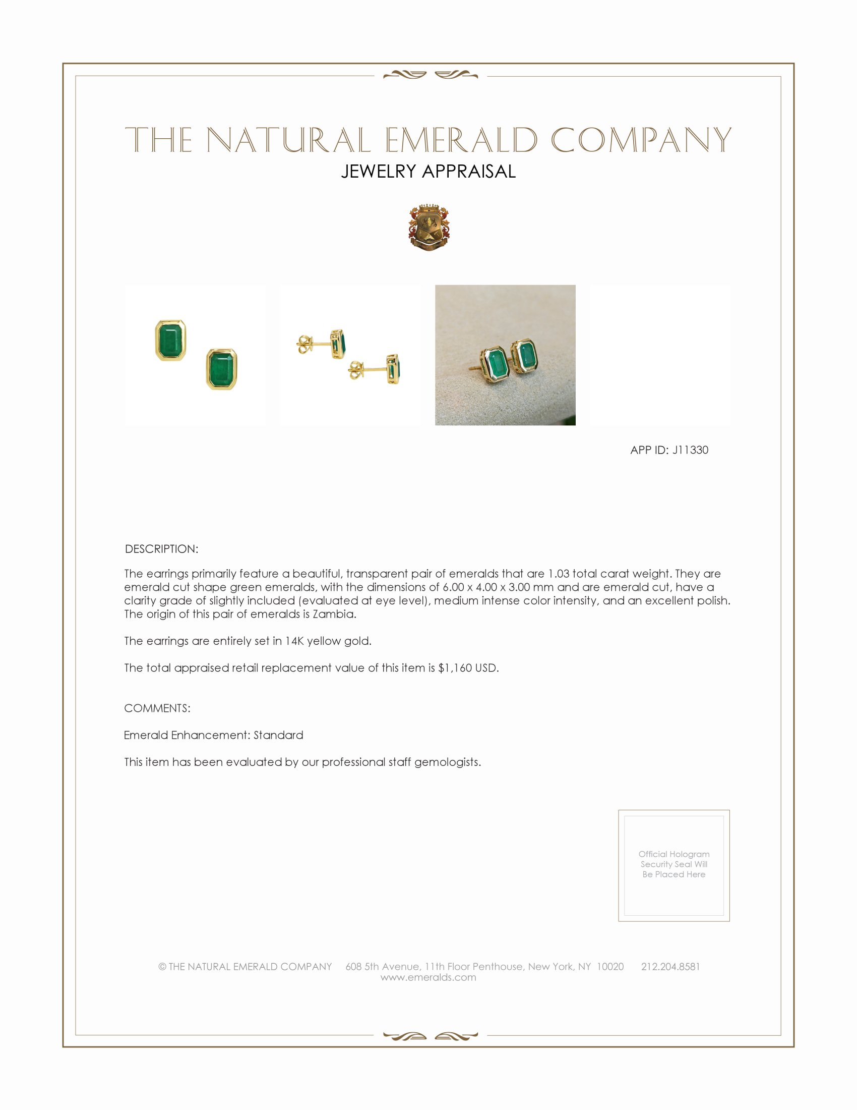 1.03 Ct.Tw. Emerald Studs Earrings, 14K Yellow Gold