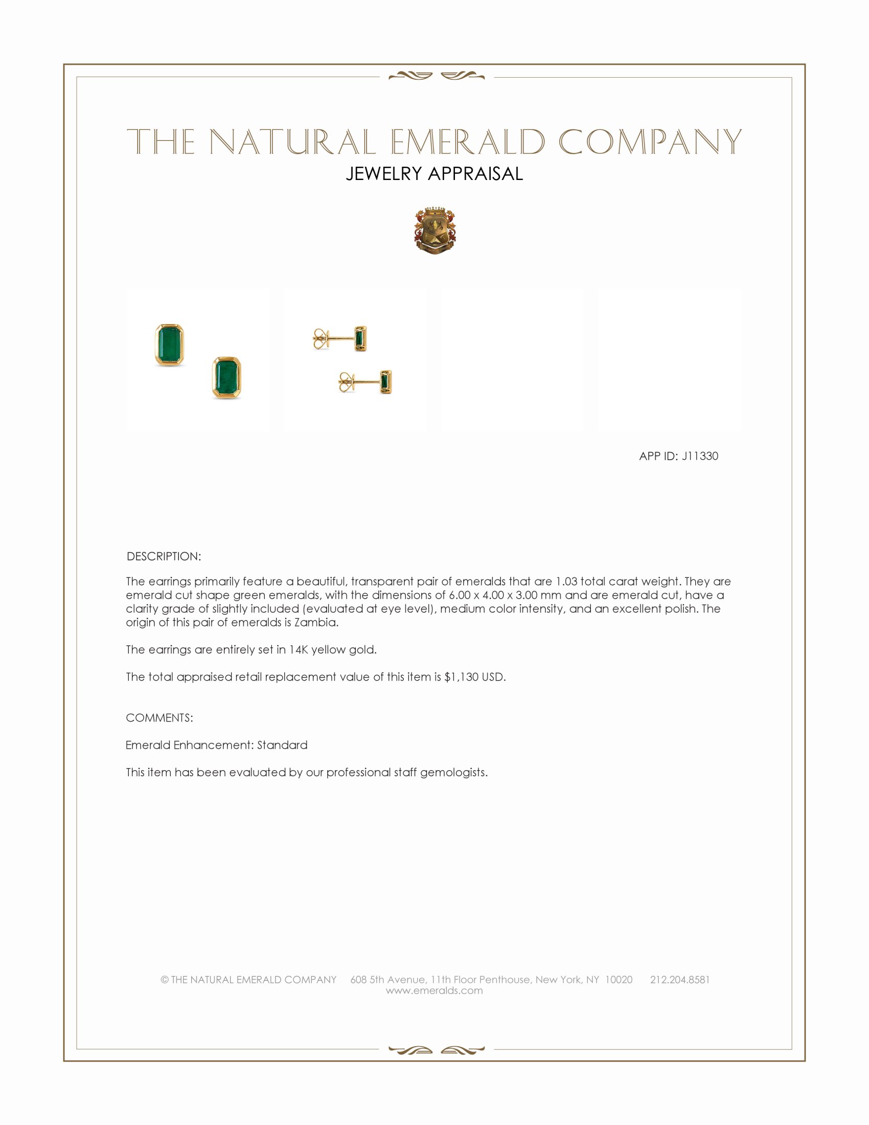 1.03 Ct.Tw. Emerald Studs Earrings, 14K Yellow Gold
