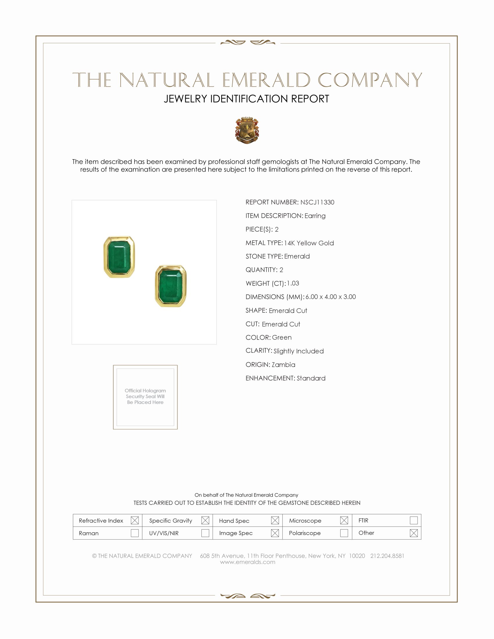 1.03 Ct.Tw. Emerald Studs Earrings, 14K Yellow Gold