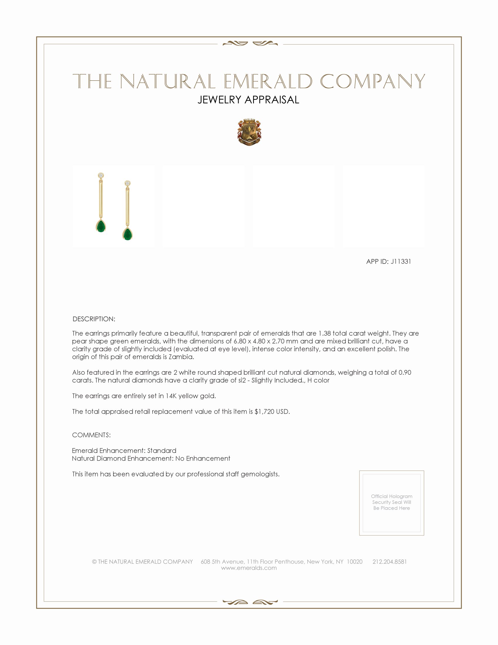 1.38 Ct.Tw. Emerald and Natural Diamond Drops Earrings, 14K Yellow Gold