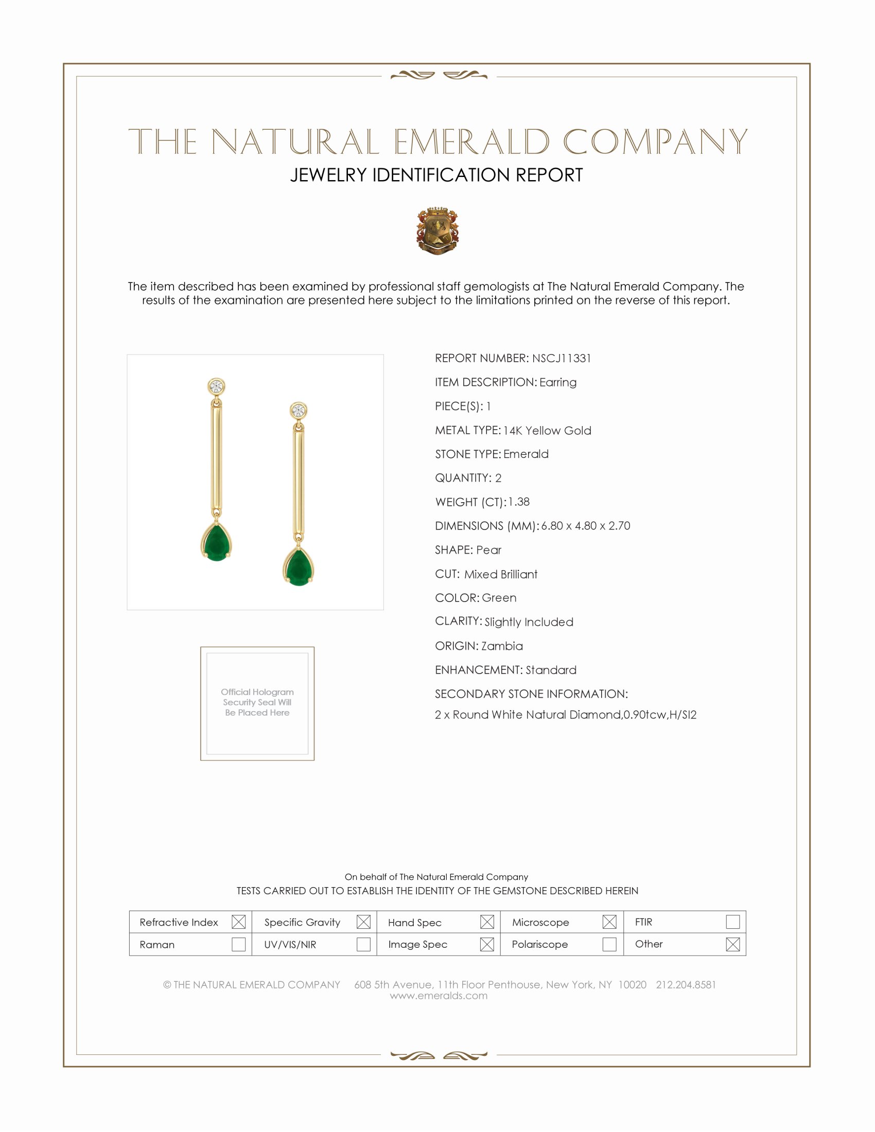 1.38 Ct.Tw. Emerald and Natural Diamond Drops Earrings, 14K Yellow Gold