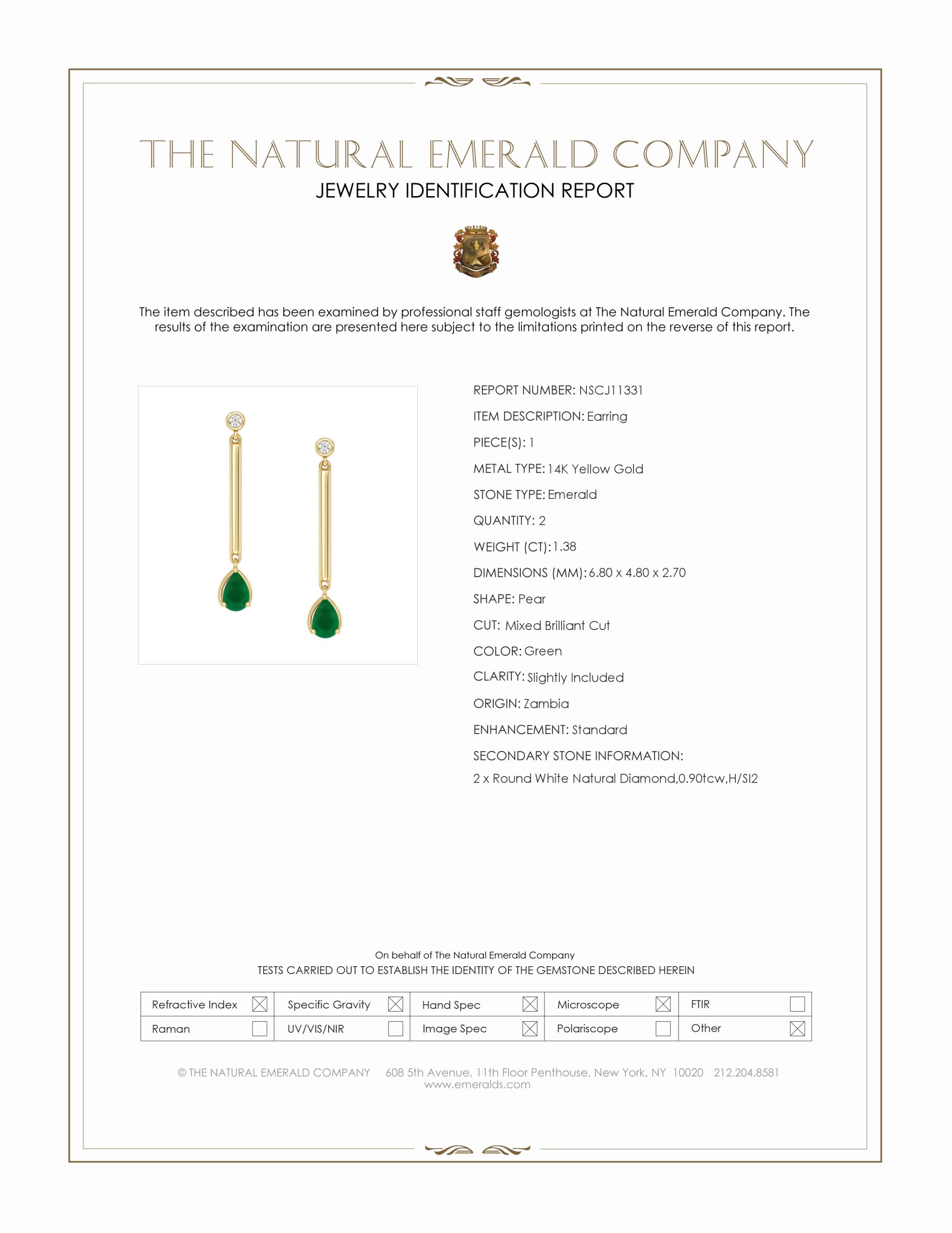 1.38 Ct.Tw. Emerald and Natural Diamond Drops Earrings, 14K Yellow Gold