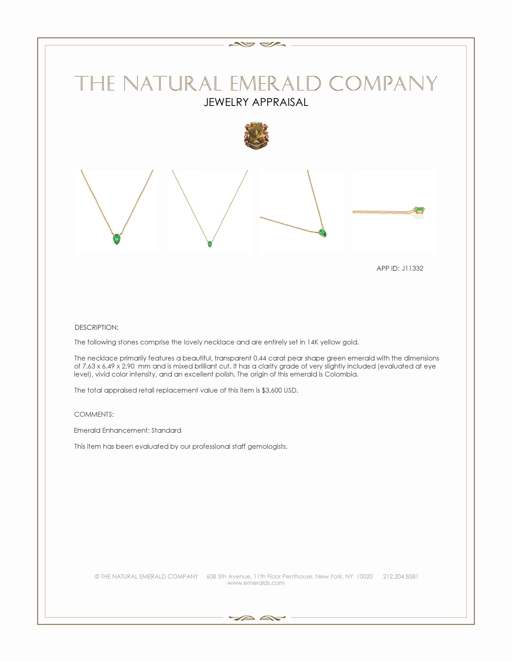 0.44 Ct. Emerald Solitaire Necklace, 14K Yellow Gold