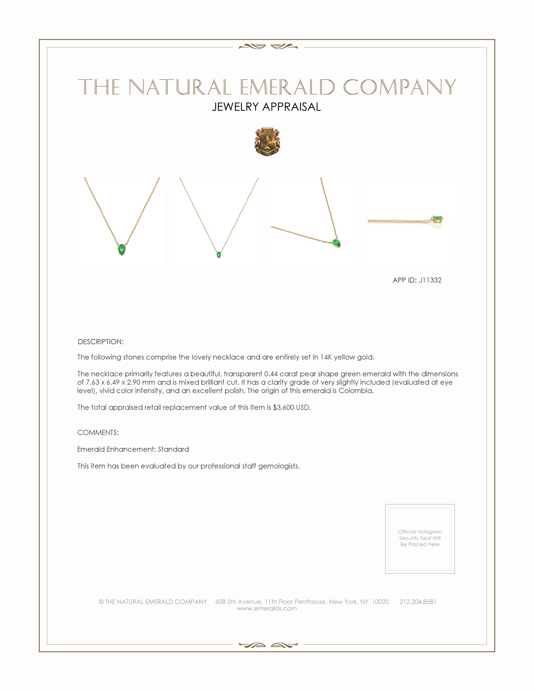 0.44 Ct. Emerald Solitaire Necklace, 14K Yellow Gold