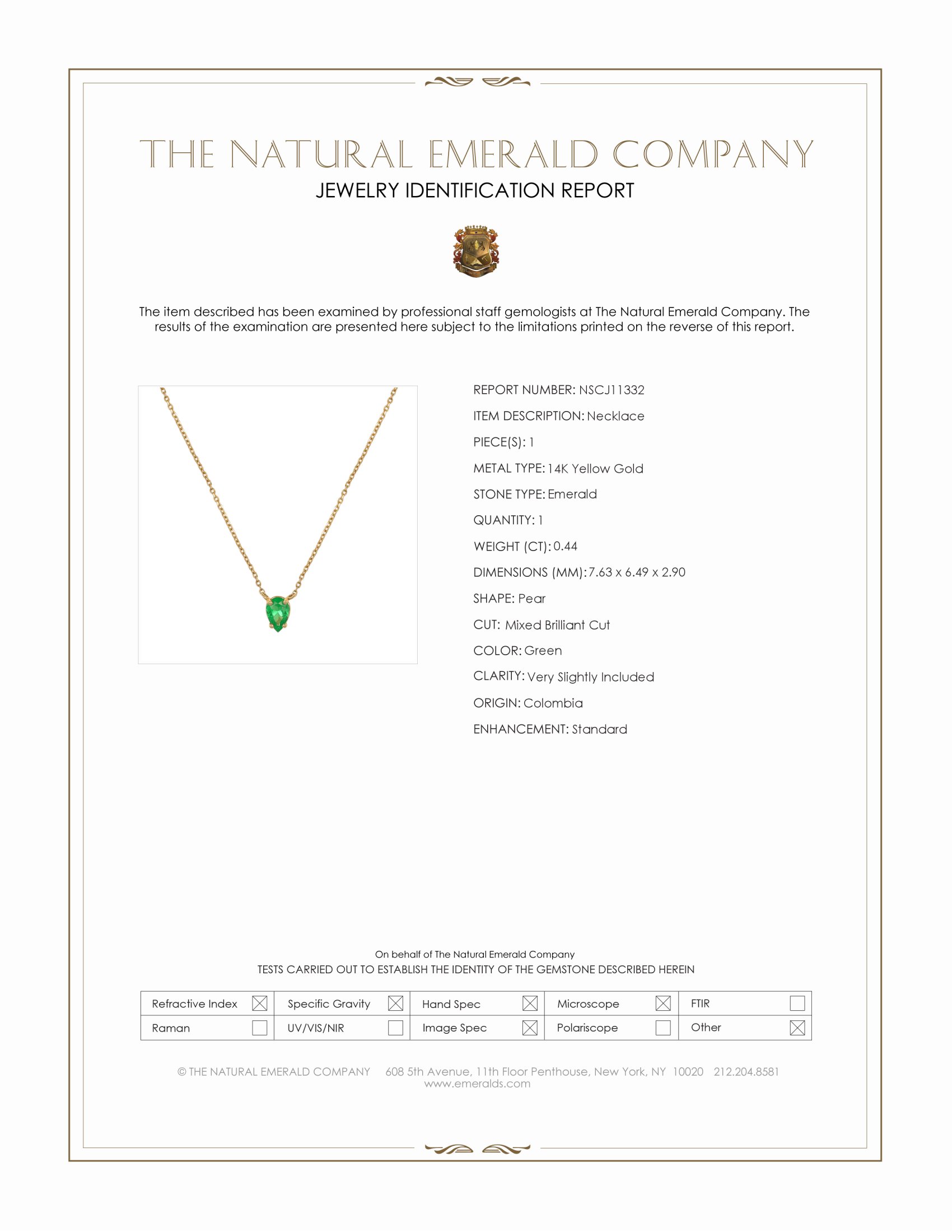 0.44 Ct. Emerald Solitaire Necklace, 14K Yellow Gold