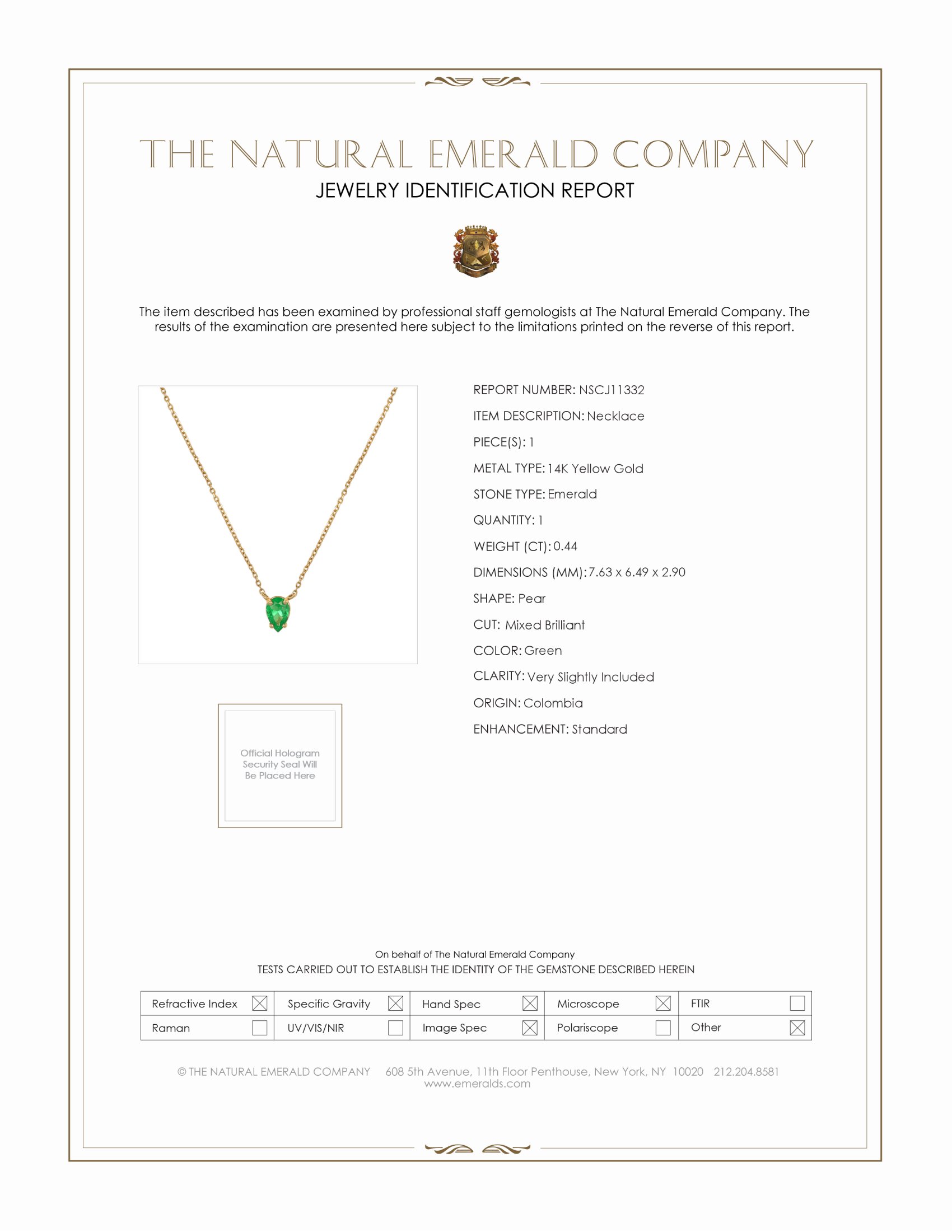 0.44 Ct. Emerald Solitaire Necklace, 14K Yellow Gold