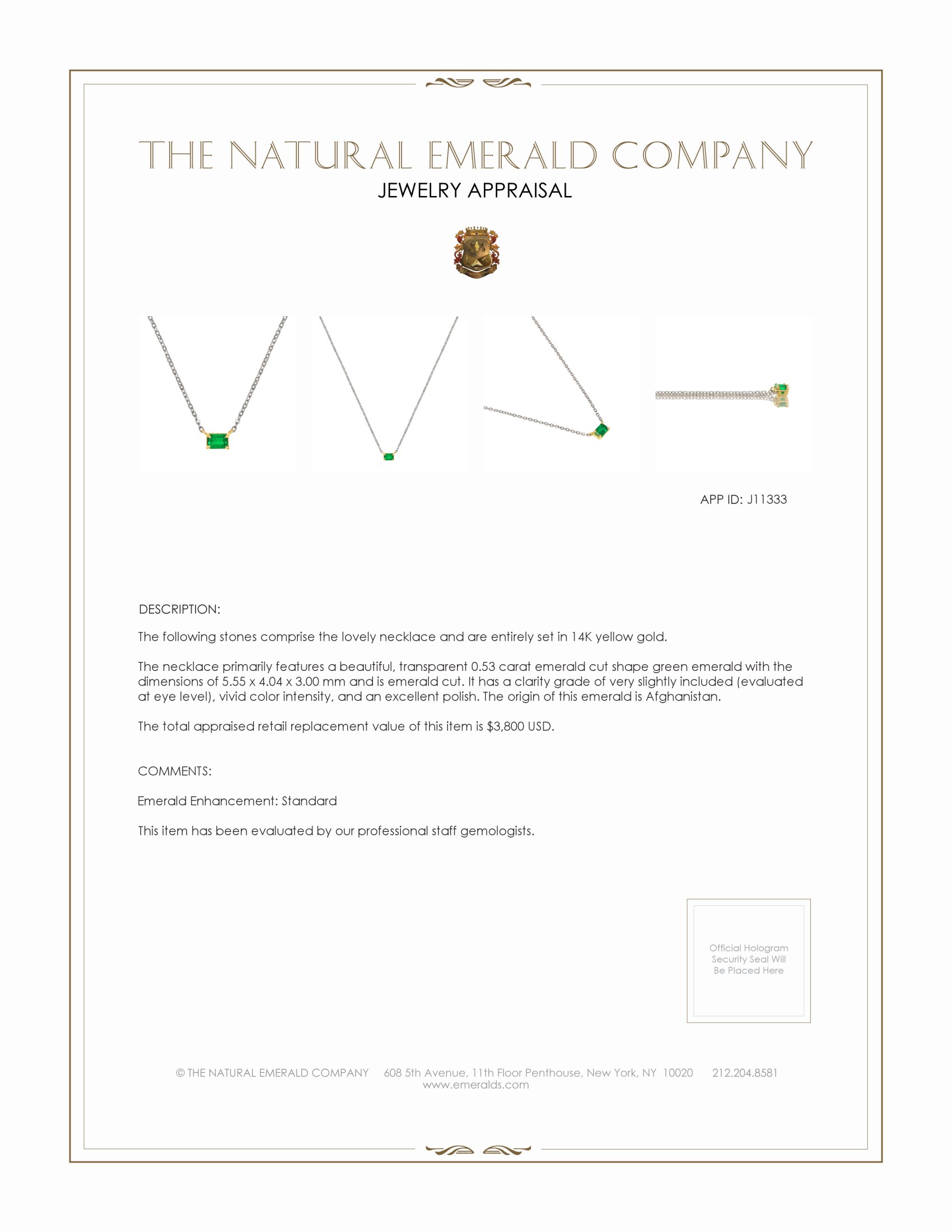 0.53 Ct. Emerald Solitaire Necklace, 14K Yellow Gold