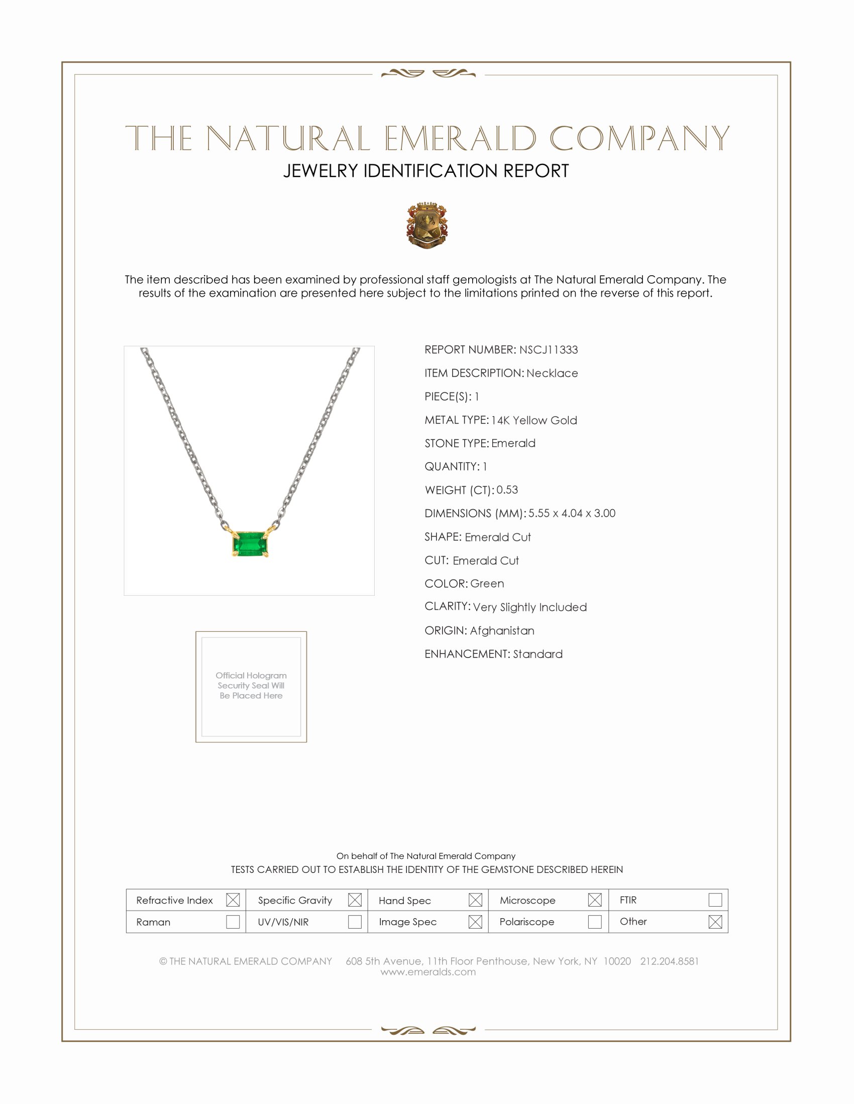 0.53 Ct. Emerald Solitaire Necklace, 14K Yellow Gold