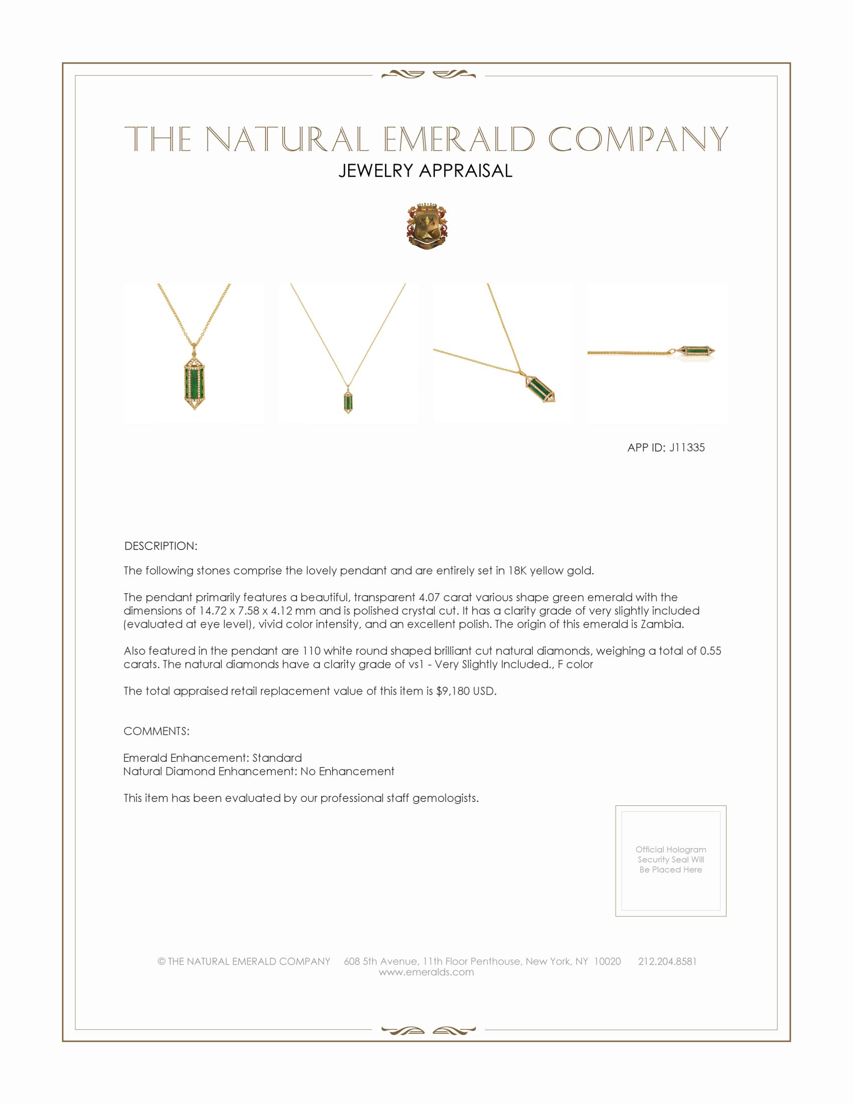 4.07 Ct. Emerald Natural Diamond Pave Pendant, 18K Yellow Gold