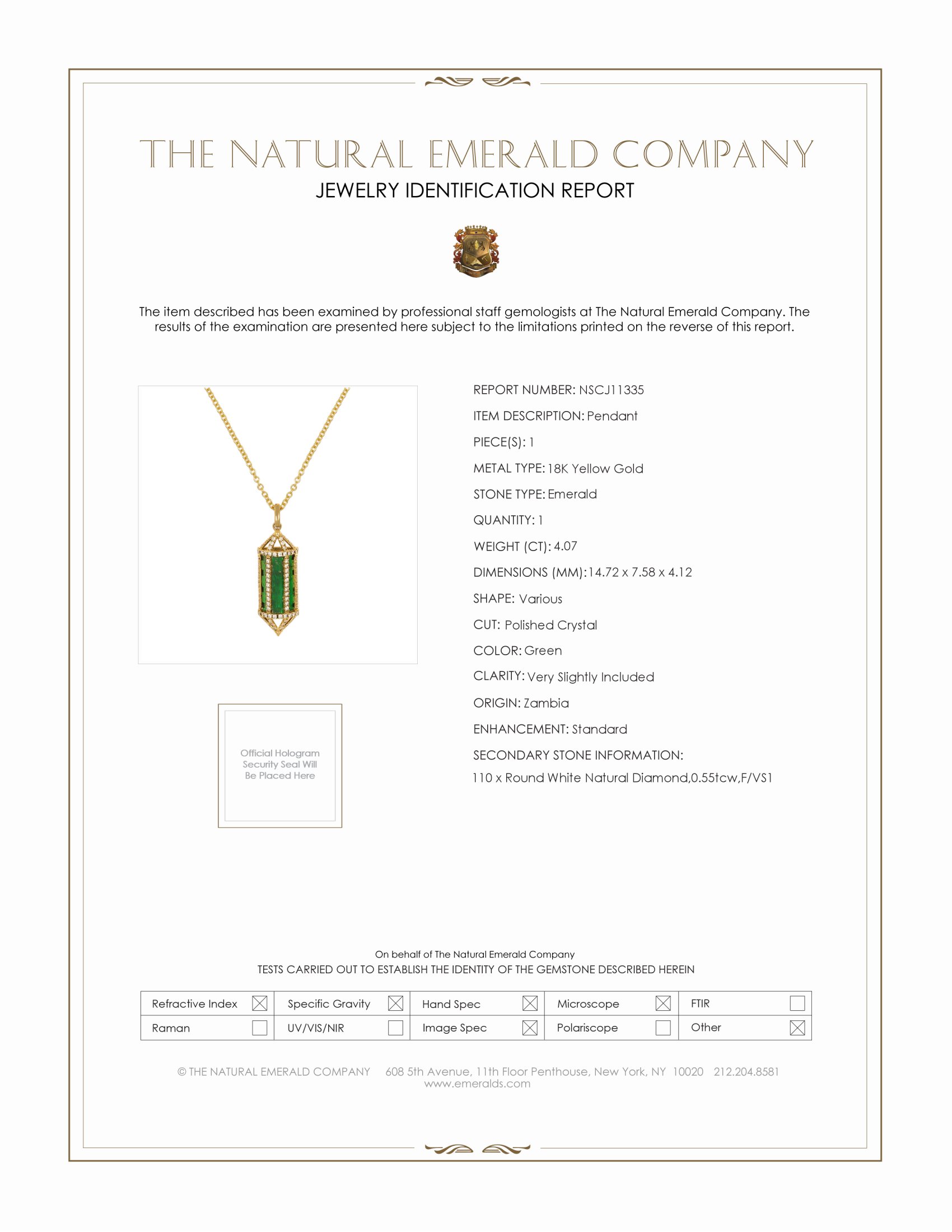 4.07 Ct. Emerald Natural Diamond Pave Pendant, 18K Yellow Gold