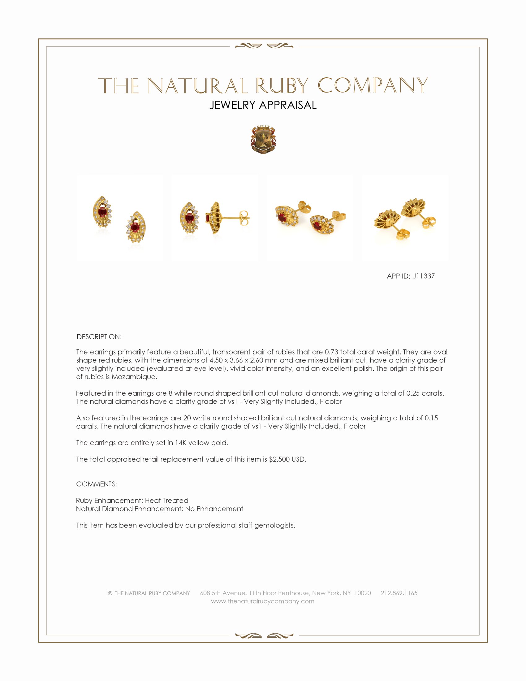 0.73 Ct.Tw. Ruby and Natural Diamond Studs Earrings, 14K Yellow Gold