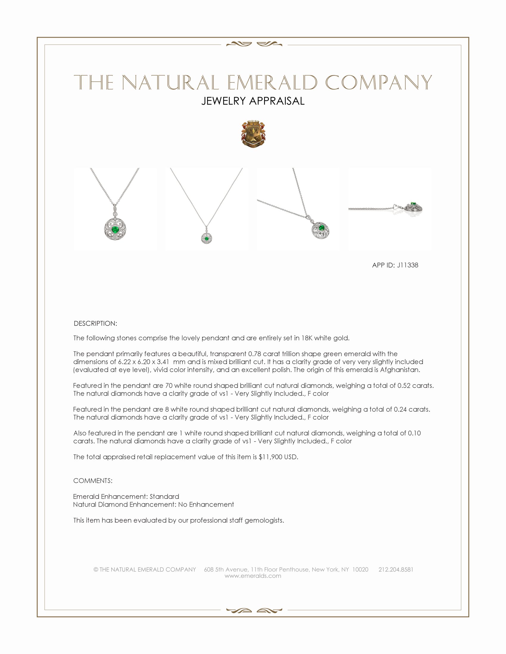 0.78 Ct. Emerald and Natural Diamond Pave Pendant, 18K White Gold