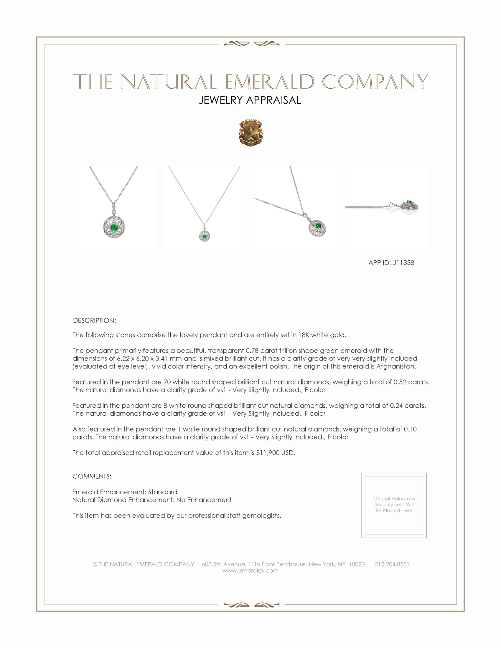 0.78 Ct. Emerald and Natural Diamond Pave Pendant, 18K White Gold