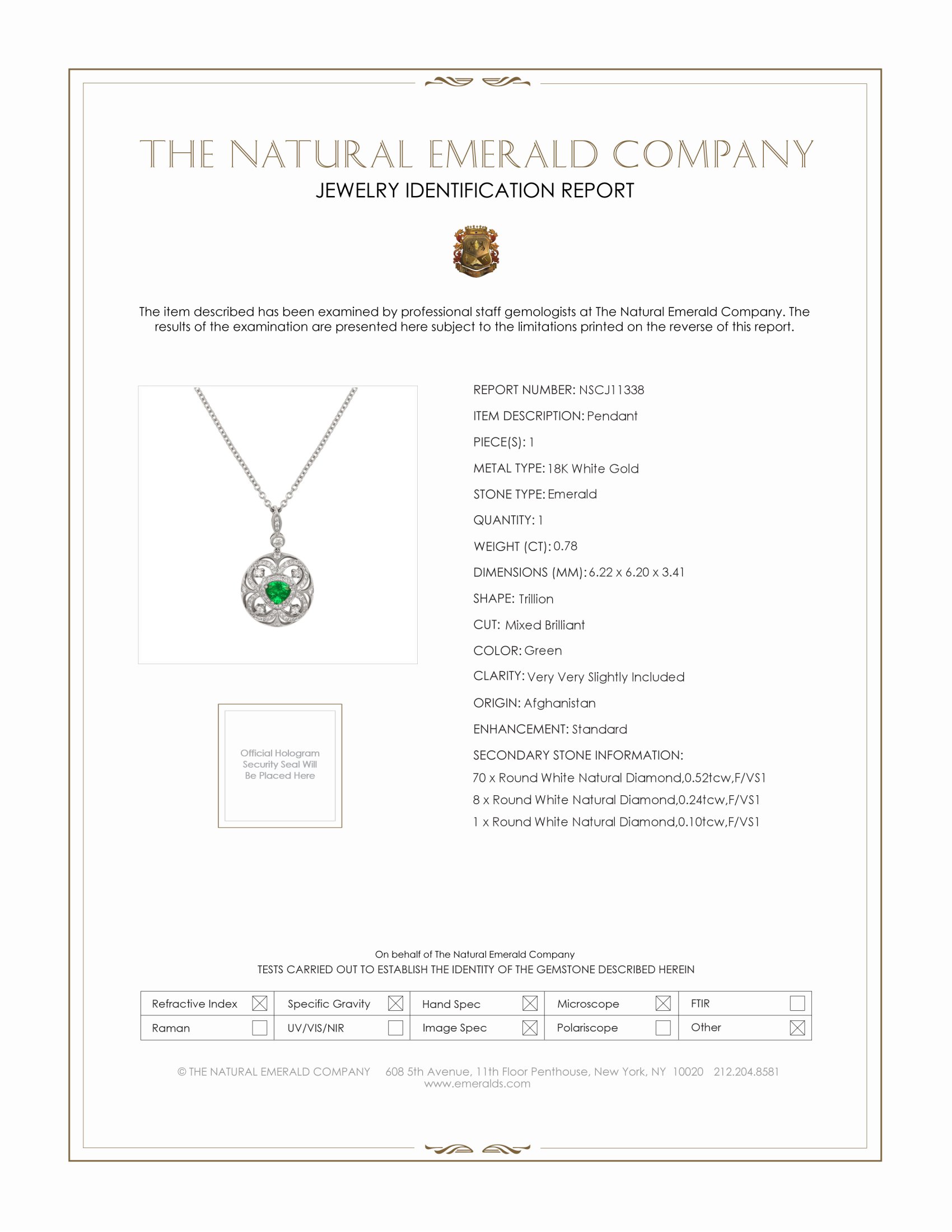 0.78 Ct. Emerald and Natural Diamond Pave Pendant, 18K White Gold