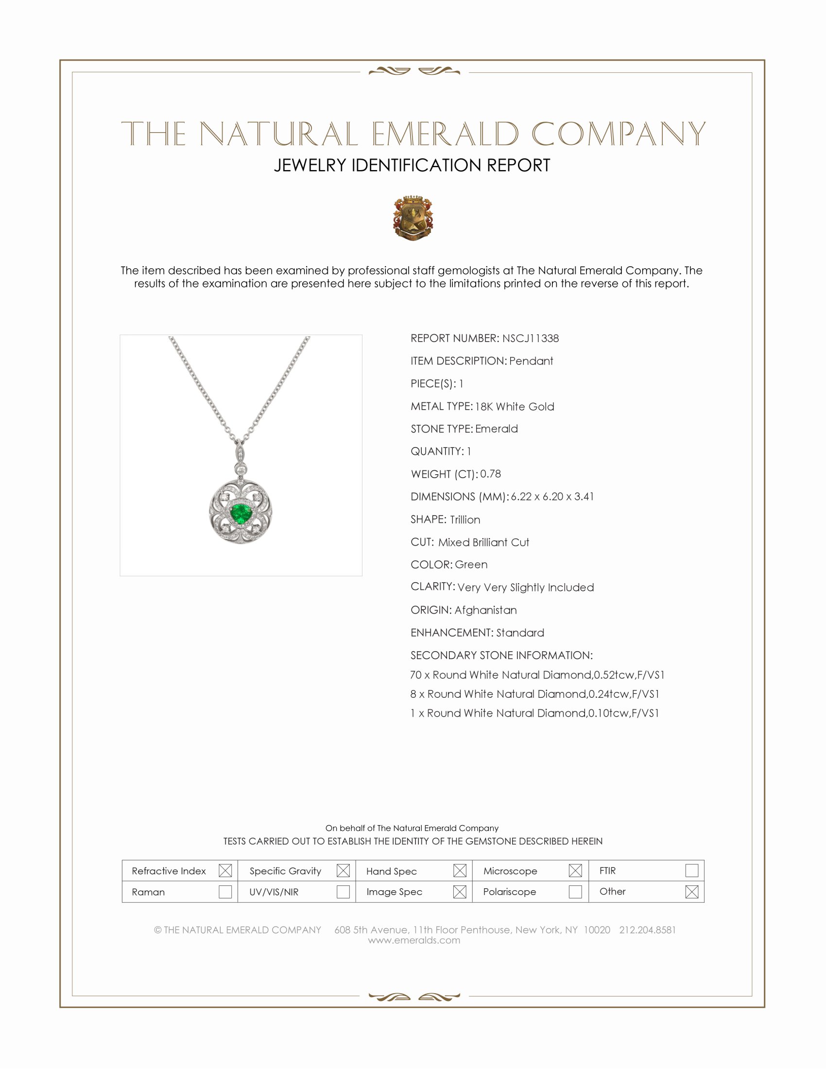 0.78 Ct. Emerald and Natural Diamond Pave Pendant, 18K White Gold