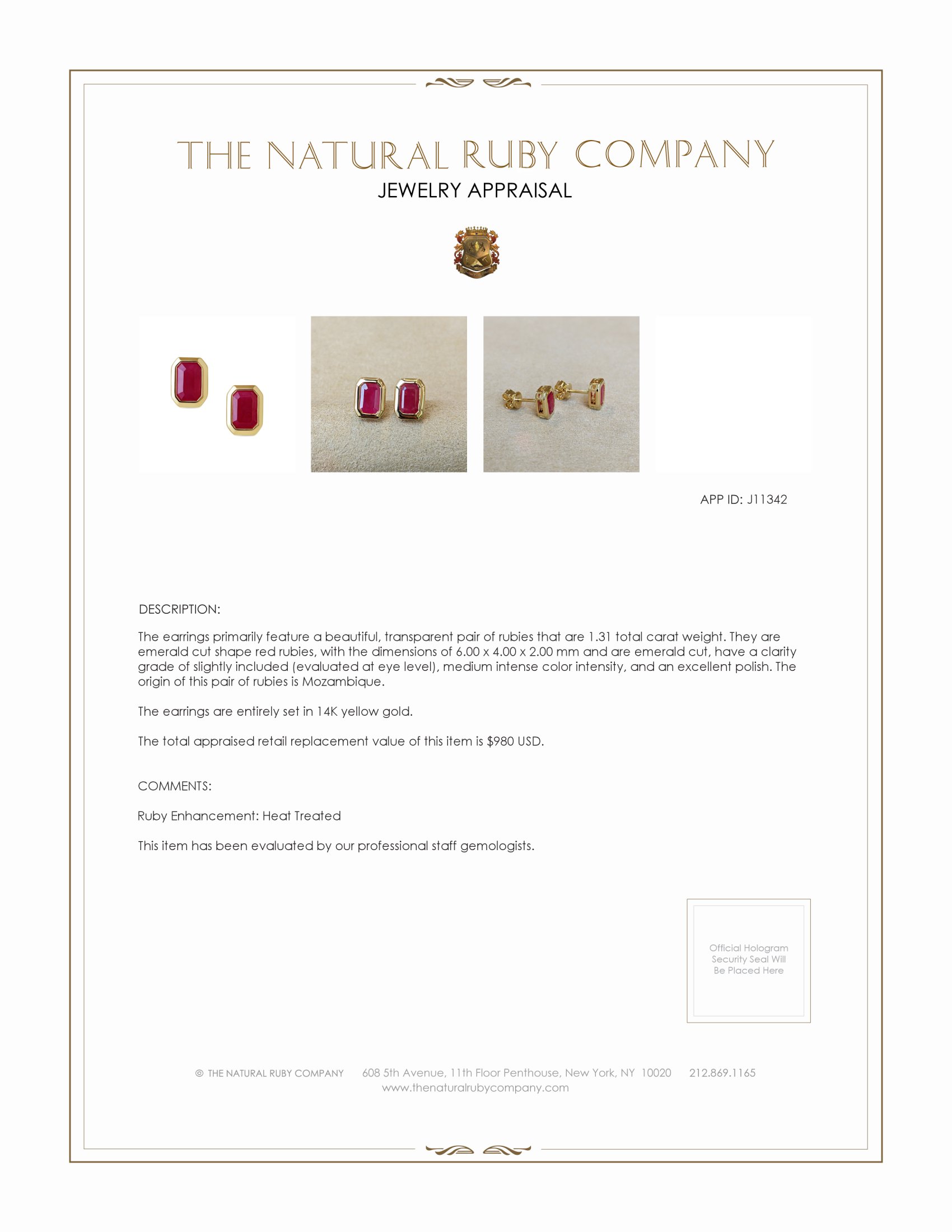 1.31 Ct.Tw. Ruby Studs Earrings, 14K Yellow Gold