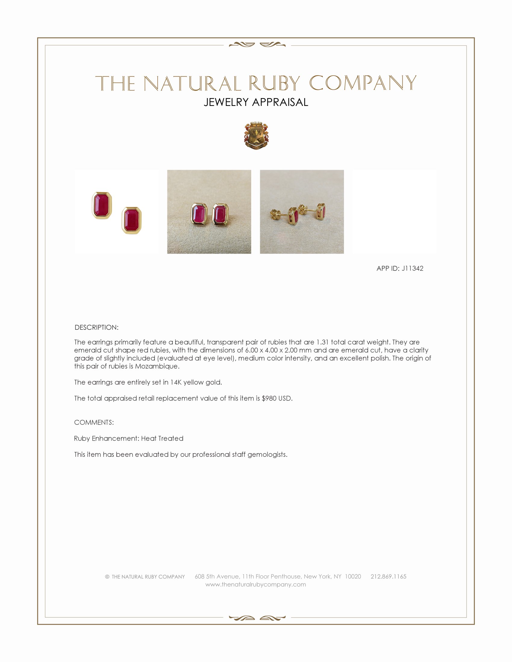 1.31 Ct.Tw. Ruby Studs Earrings, 14K Yellow Gold