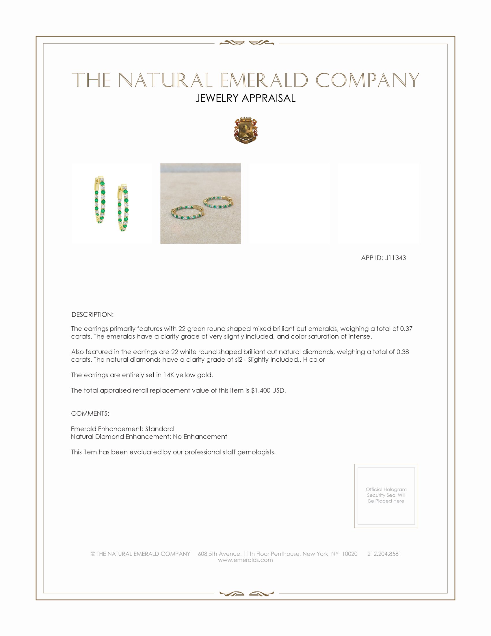0.37 Ct.Tw. Emerald and Natural Diamond Hoops Earrings, 14K Yellow Gold