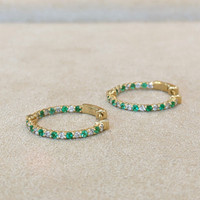 0.37 Ct.Tw. Emerald Natural Diamond Hoops Earrings, 14K Yellow Gold Image