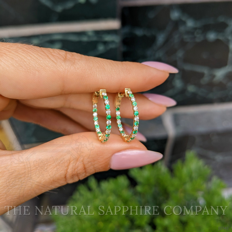 0.37 Ct.Tw. Emerald Natural Diamond Hoops Earrings, 14K Yellow Gold