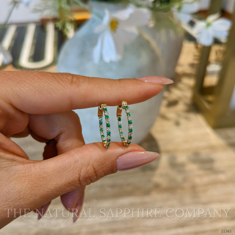 0.37 Ct.Tw. Emerald Natural Diamond Hoops Earrings, 14K Yellow Gold