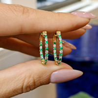 0.37 Ct.Tw. Emerald Natural Diamond Hoops Earrings, 14K Yellow Gold Life Style