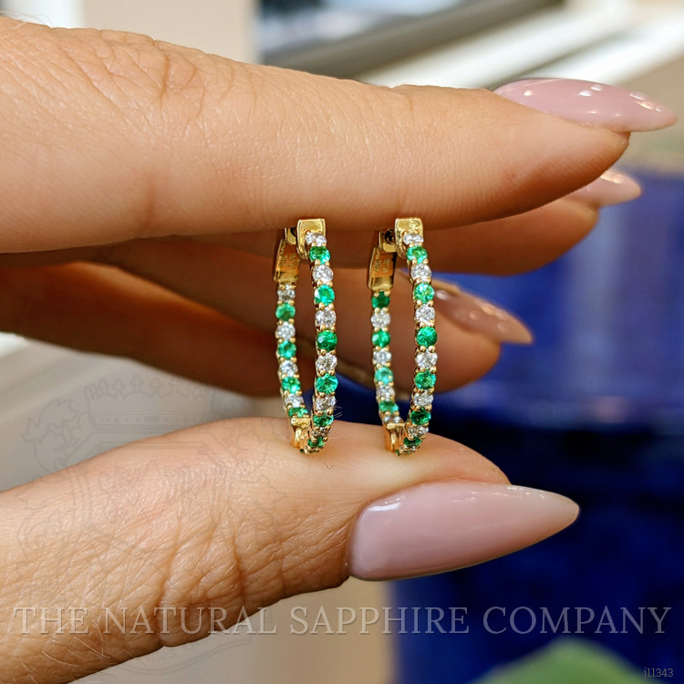 0.37 Ct.Tw. Emerald Natural Diamond Hoops Earrings, 14K Yellow Gold