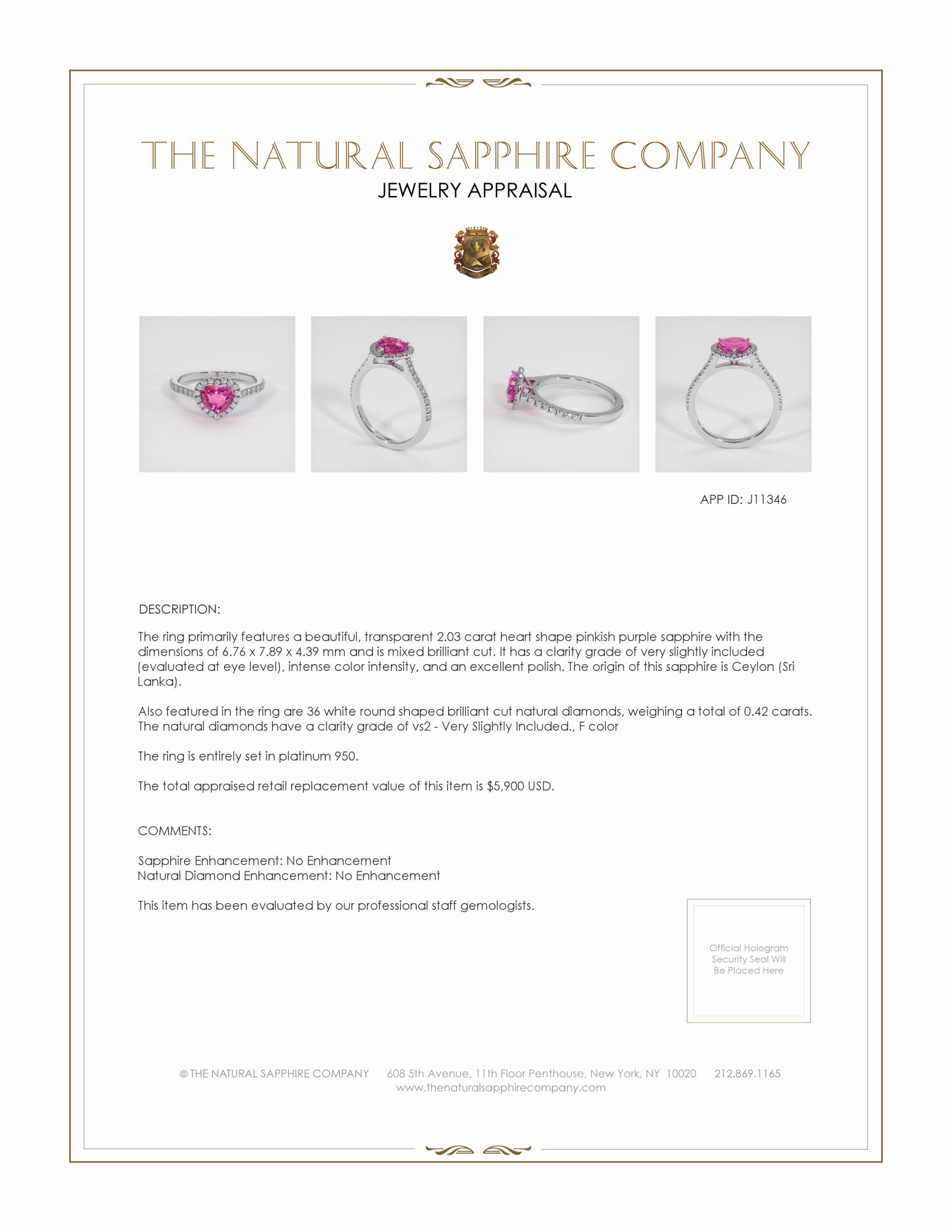 2.03 Ct. Pinkish Purple Sapphire and Natural Diamond Pave Ring, Platinum 950