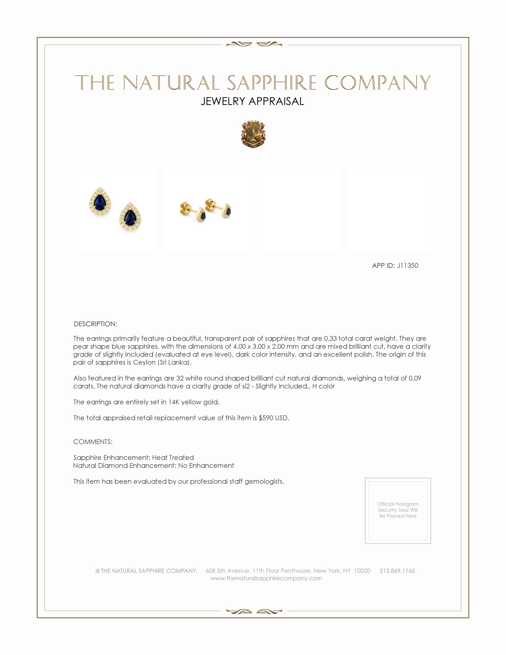 0.33 Ct.Tw. Blue Sapphire and Natural Diamond Studs Earrings, 14K Yellow Gold